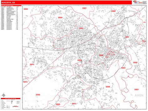 Augusta Georgia Zip Code Wall Map Red Line Style By Marketmaps