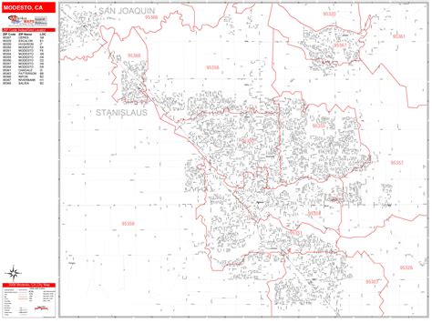 Modesto California Zip Code Wall Map Red Line Style By Marketmaps Mapsales