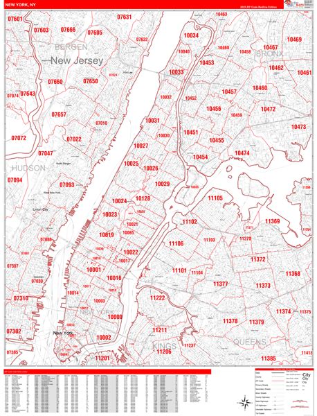 New York Zip Code Wall Map Red Line Style By Marketmaps Mapsales