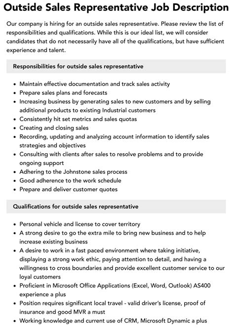 Outside Sales Representative Job Description Salary More