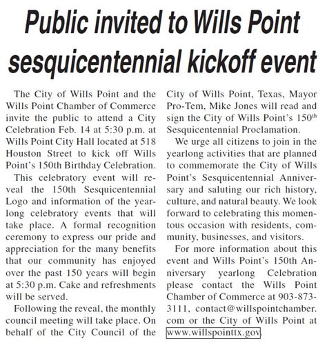 Wills Point Tx 150 Year Celebration Logo Unveiling Wills Point Tx